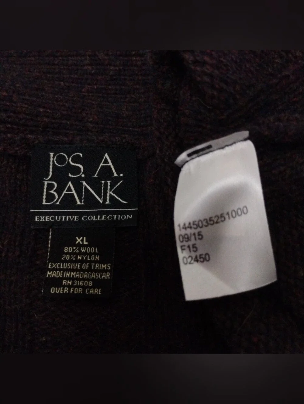 Men's Size XL Jos. A. Bank Dark Brown Wool Button Front V-Neck Cardigan Sweater